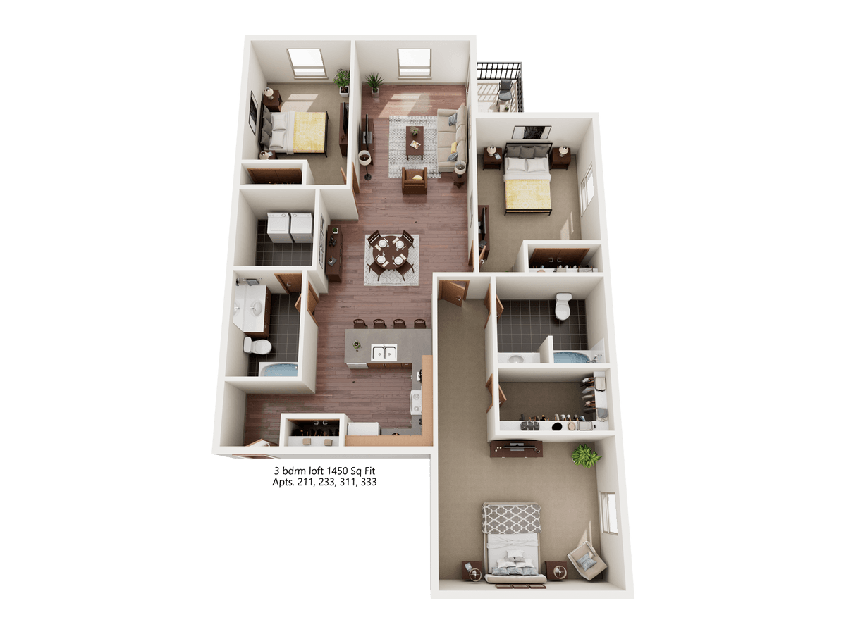A floor plan of an apartment with a living room, kitchen, and two bedrooms.